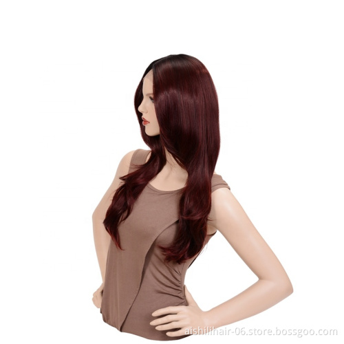 Wholesale wine red fluffy synthetic wigs lace frontal wig natural wave and kinky curly for the woman Top quality lace front wig